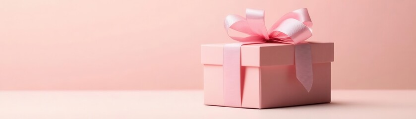 Elegant pink gift box with a beautiful ribbon on a light pink background, perfect for celebrations, birthdays, or special occasions.