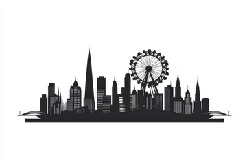 Obraz premium A silhouetted city skyline with a Ferris wheel and various skyscrapers.