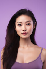 Fototapeta premium Close-up portrait of a young asian woman with perfect skin and long hair on a purple background