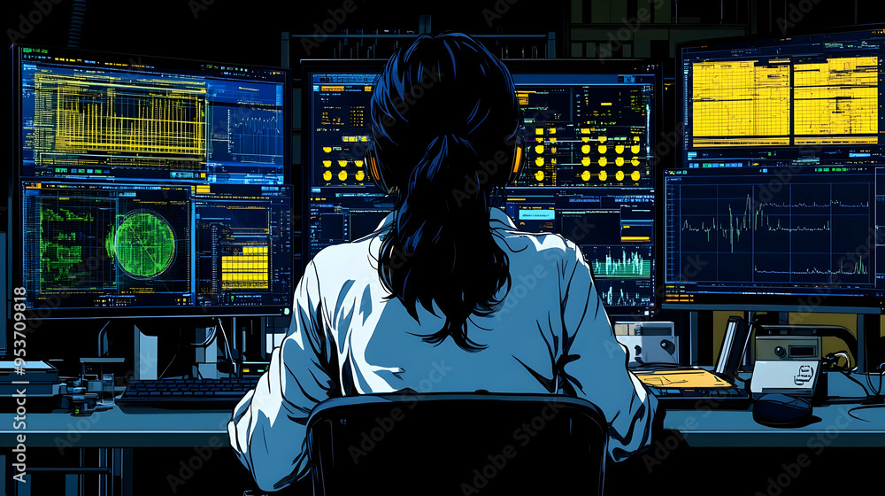 Poster a woman sits in front of four computer monitors displaying data, charts, and graphs.