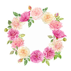 Watercolor wreath of multicolored roses with buds and leaves. Hand drawn floral illustration