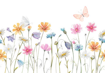 Watercolor wildflowers seamless pattern. Hand drawn cosmea, bluebells, cornflowers, chamomile