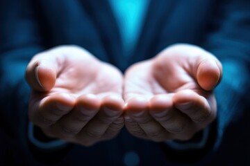 Open Hands, Open Business: A businessman in a suit presents open palms in a gesture of offering, trust, and opportunity.