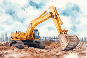 Deserted construction site, rusting equipment, economic crisis, faded colors, watercolor style