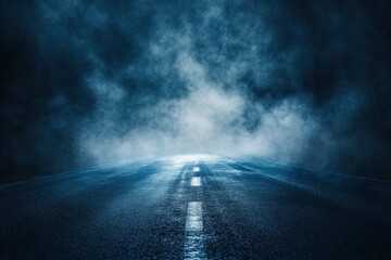 Dark street, asphalt abstract dark blue background, empty dark mountain range scene, with smoke mist cold white float up for display products with generative ai