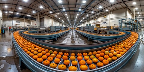 An immersive 360-degree panorama of a modern food processing facility, where conveyor belts transport fresh produce through a