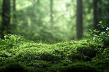 Green moss and background. Backdrop for displaying products. Dark forest background with generative ai