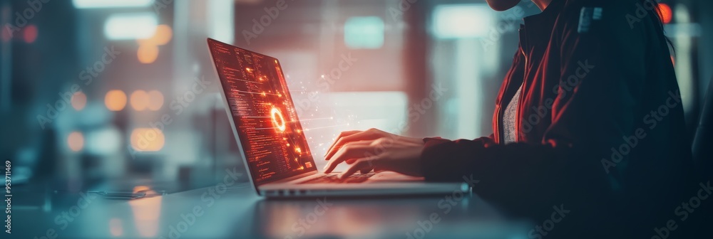 Poster woman typing on a laptop with a glowing digital lock icon on the screen, symbolizing secure online t
