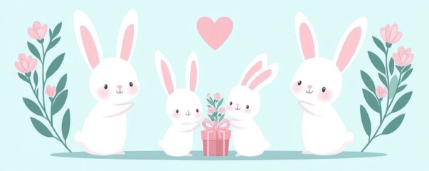 Collection of cute rabbits in love.