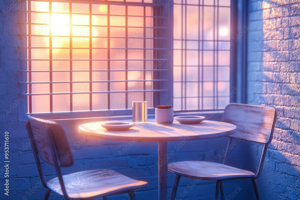 Poster empty table and chairs by a window with sunset view