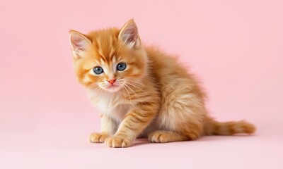 Fototapeta premium fluffy orange kitten sitting pink pastel background
