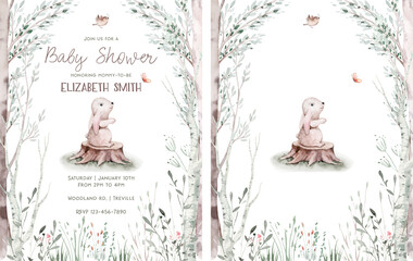 Woodland cartoon Animals watercolor illustration template. Pre made frame for baby shower, birthday invitation kids baby deer, fox in the forest. Cute bear, rabbit and birds