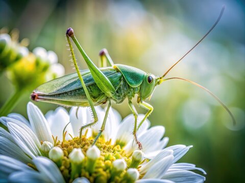 A close-up of a vibrant green cricket insect perched on a delicate white flower petal, its antennae and wings intricately detailed against a soft blurred background.