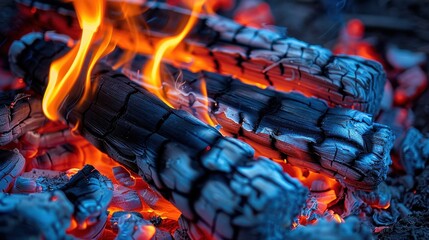 A close-up of burning wood in a campfire, with glowing embers and intense flames, capturing the warmth and dynamic energy of the fire with vibrant orange and blue tones.
