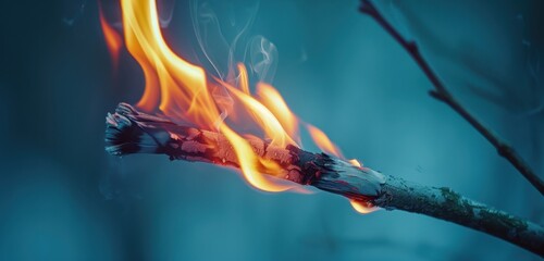 A burning branch with glowing flames, set against a bokeh background, creating a dramatic and vivid scene that captures the intense heat and dynamic energy of the fire.