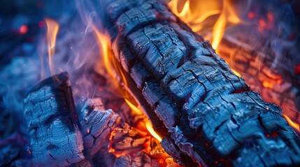 A close-up of burning wood in a campfire, with glowing embers and intense flames, capturing the warmth and dynamic energy of the fire with vibrant orange and blue tones.