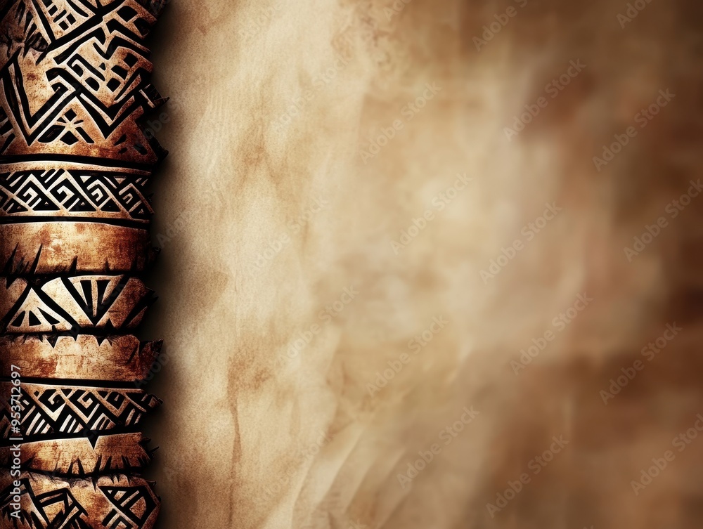 Wall mural An abstract tribal pattern with earthy brown and beige tones, featuring intricate geometric designs on a textured background, evoking a sense of ancient culture and traditional craftsmanship.