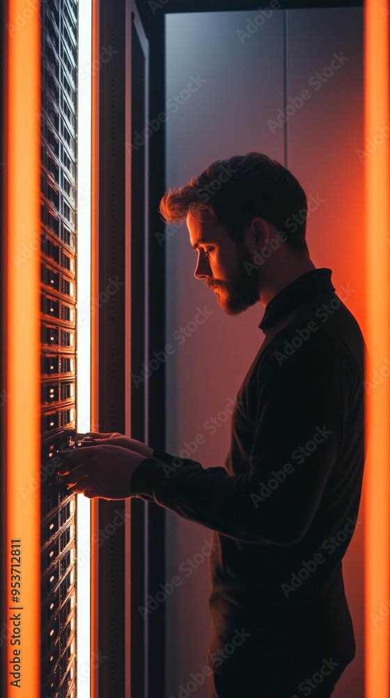 Aufkleber profile of a technician working on a server rack in a data center with orange and red lighting. symb