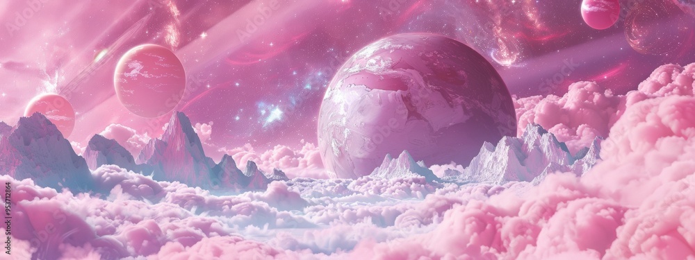 Poster mountains and planets create a surreal atmosphere. pale pink clouds surround a large dimensional por