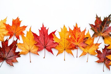 Fototapeta premium Autumn Maple Leaves Flat Lay White Background created with Generative AI