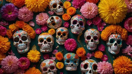 Mexican Festival dia de los muertos Skulls Decoration with flowers