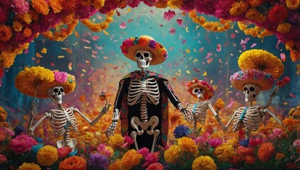 Mexican Festival dia de los muertos Skull Dancing Decoration with flowers