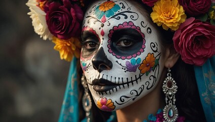 Mexican woman catrina with sugar skull flower makeup Closeup