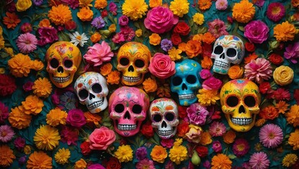 Mexican Festival dia de los muertos Skull Decoration with flowers