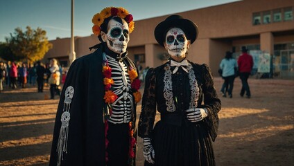 Mexican Couple with sugar skull flower makeup