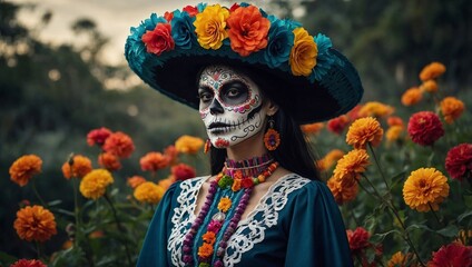 Mexican woman catrina with sugar skull makeup in flower garden