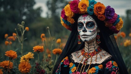Mexican woman catrina with sugar skull makeup