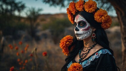 Mexican woman catrina with sugar skull orange flower makeup