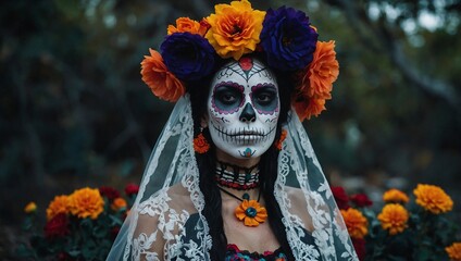 Mexican woman catrina with sugar skull orange Purple flower makeup in garden