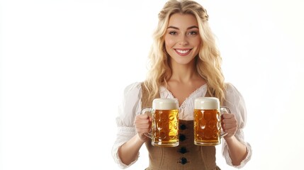 Smiling Woman Holding Two Beer Mugs in Traditional Bavarian Outfit on White Background