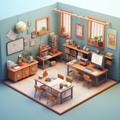 A low-poly 3D illustration of a classroom with desks, chairs, a whiteboard, a globe, bookshelves, a computer, and plants.
