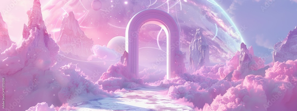 Poster mountains and planets create a surreal atmosphere. pale pink clouds surround a large dimensional por