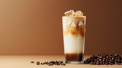 A high-quality AI-generated stock image of a tall glass of iced latte with coffee beans on the right side, leaving ample space on the left for text. Ideal for coffee promotions or beverage content.