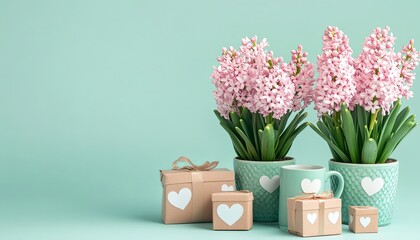 Obraz premium Two pink hyacinths in blue pots with gifts on a mint green background.