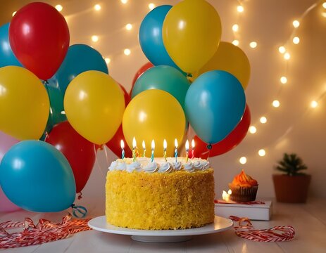yellow  birthday cake with candles and colorful ballons decorated with sprinkles and yogurt flowers