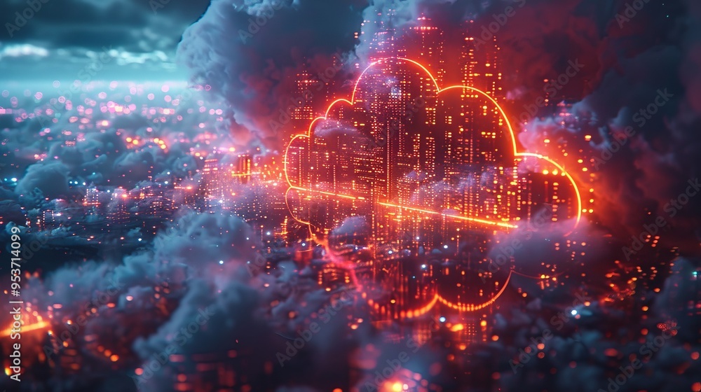 Poster craft a neon display of cloud computing symbols, featuring illuminated