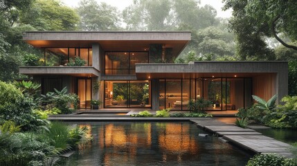 Modern house surrounded by lush greenery and a reflective pond.