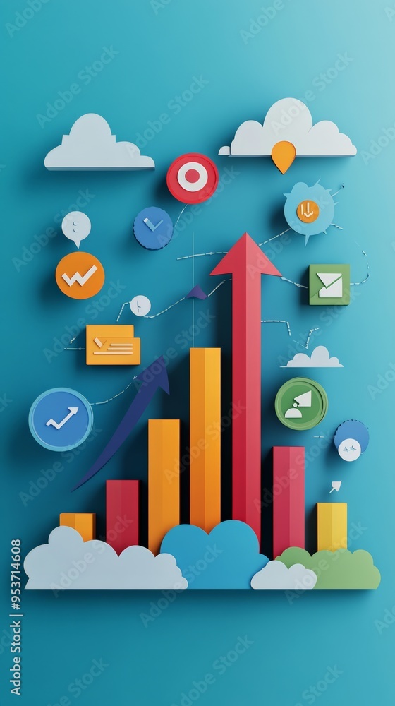 Poster colorful 3d business graph with arrows and cloud icons on a turquoise background. financial growth a