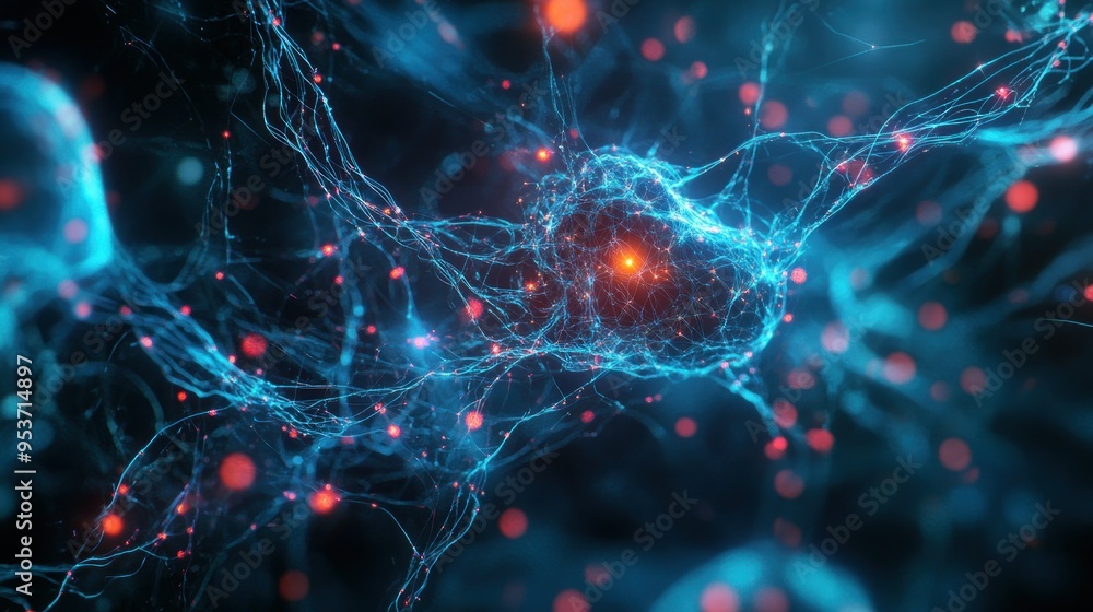 Poster A Close-Up View of a Blue and Red Neuron with Connecting Fibers