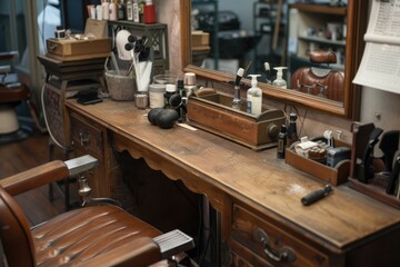 Vintage barber equipment on wood desk  Vintage barber equipment on wood desk with place for text