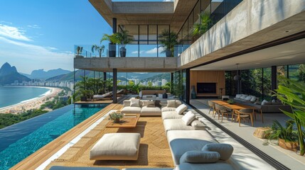 Fototapeta premium Create a luxurious penthouse with panoramic windows showcasing the majestic beauty of Rio de Janeiro, with sweeping views of Sugarloaf