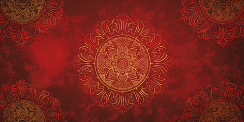 Red background with intricate antique gold mandala patterns, luxurious and elegant
