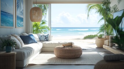 Fototapeta premium Bold Patterns and Ocean Textures in Coastal Living Room