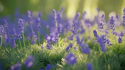 Obraz premium A field of lavender flowers bathed in the warm glow of the setting sun.