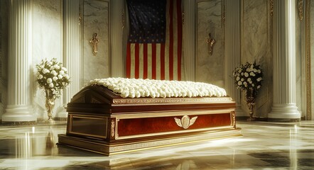 A closed casket adorned with white roses sits in a formal setting with a draped American flag in the background.
