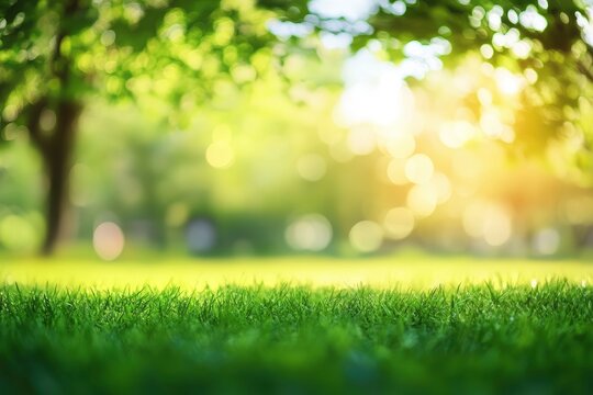 City lawn view. Green nature in spring eco garden. Summer abstract blur background. Urban trees leaves Light blurry out focus bokeh. Soft plant. with generative ai